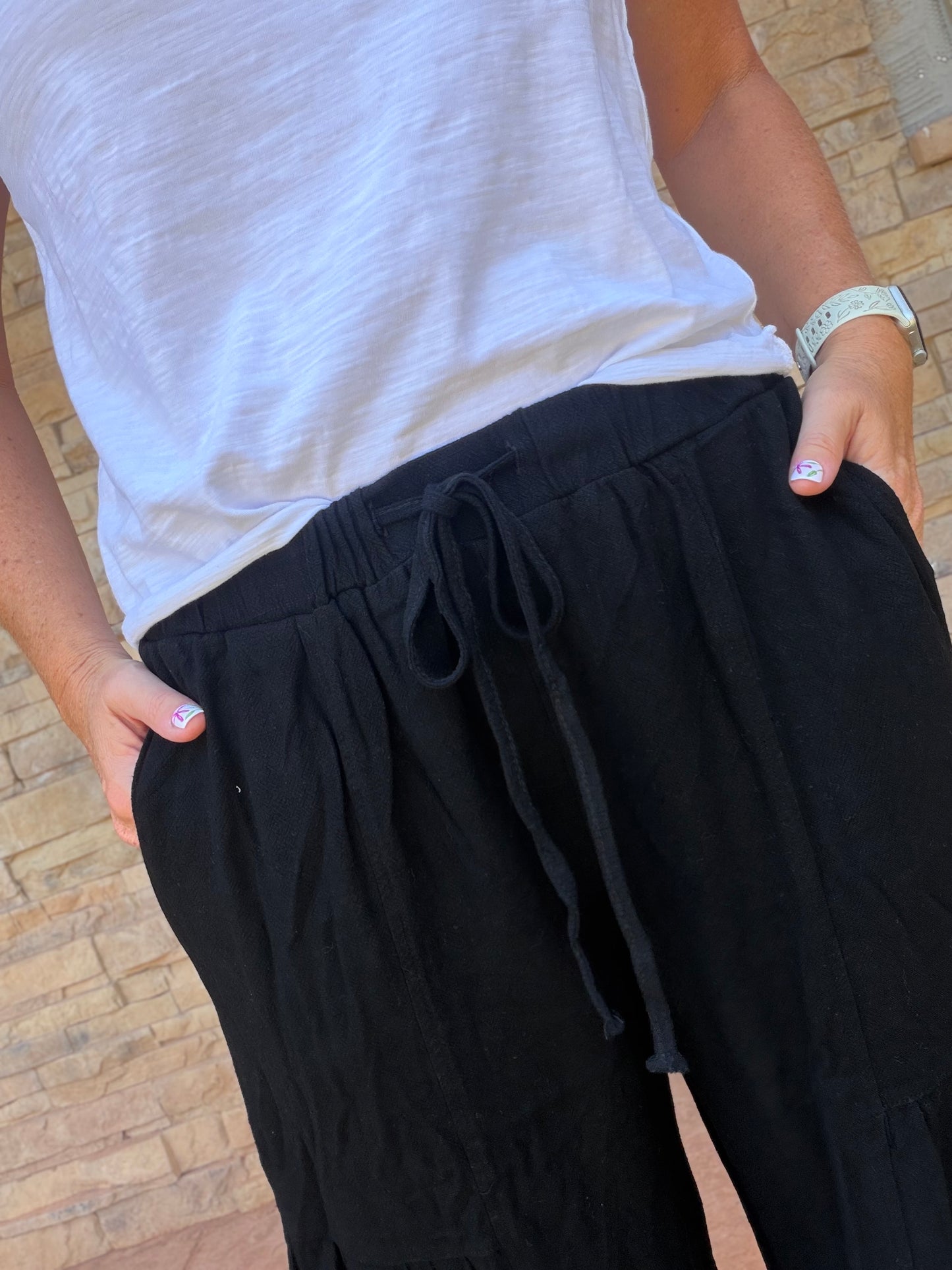 Linen Blend Palazzo Pants, Black