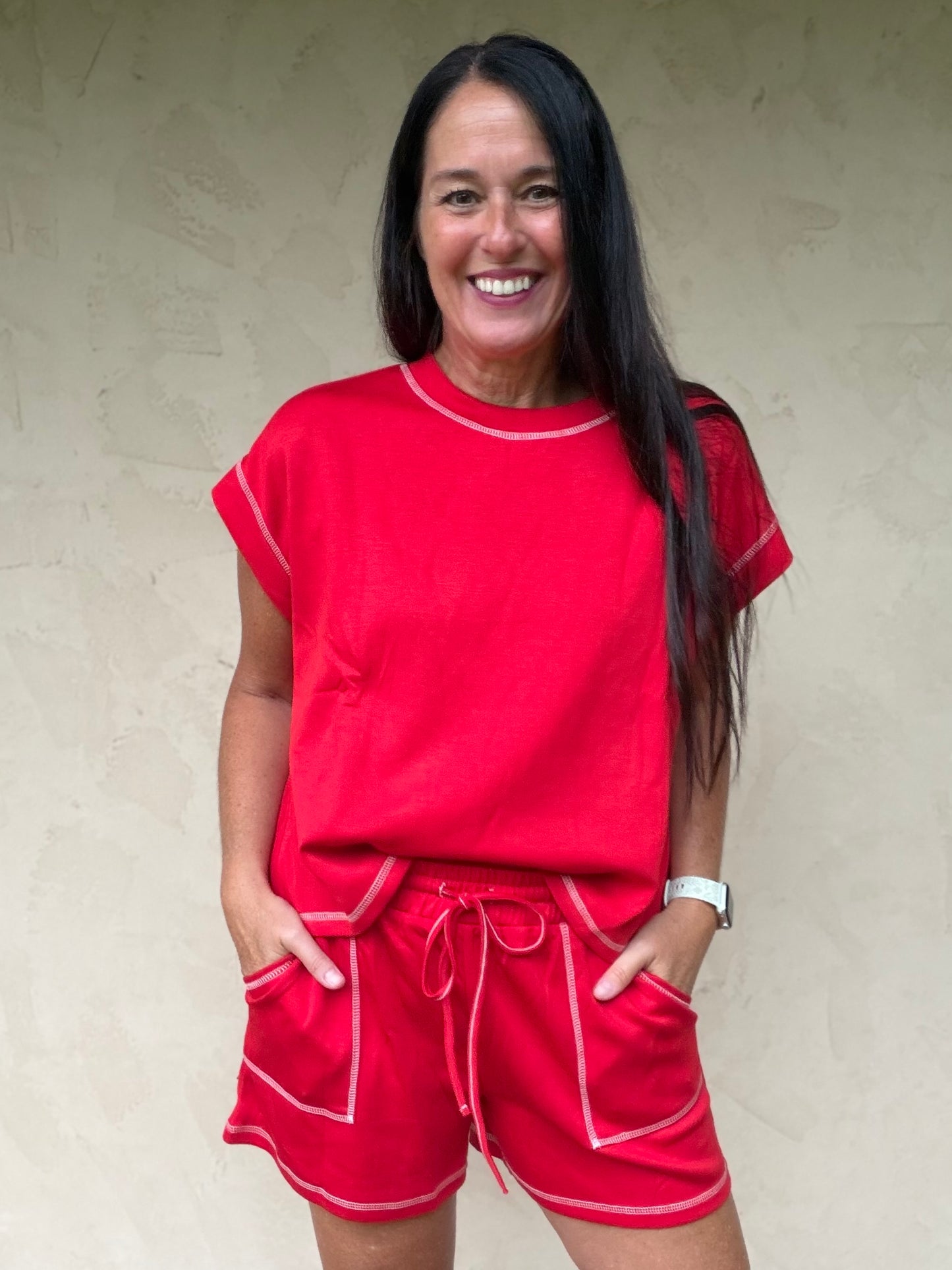 Scuba Contrast Stitch Lounge Set, Red