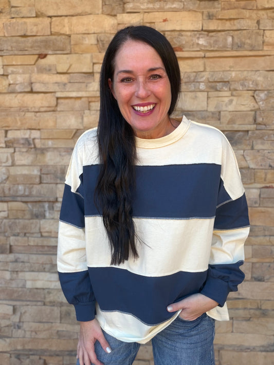 Striped Panel Boxy Top, Navy