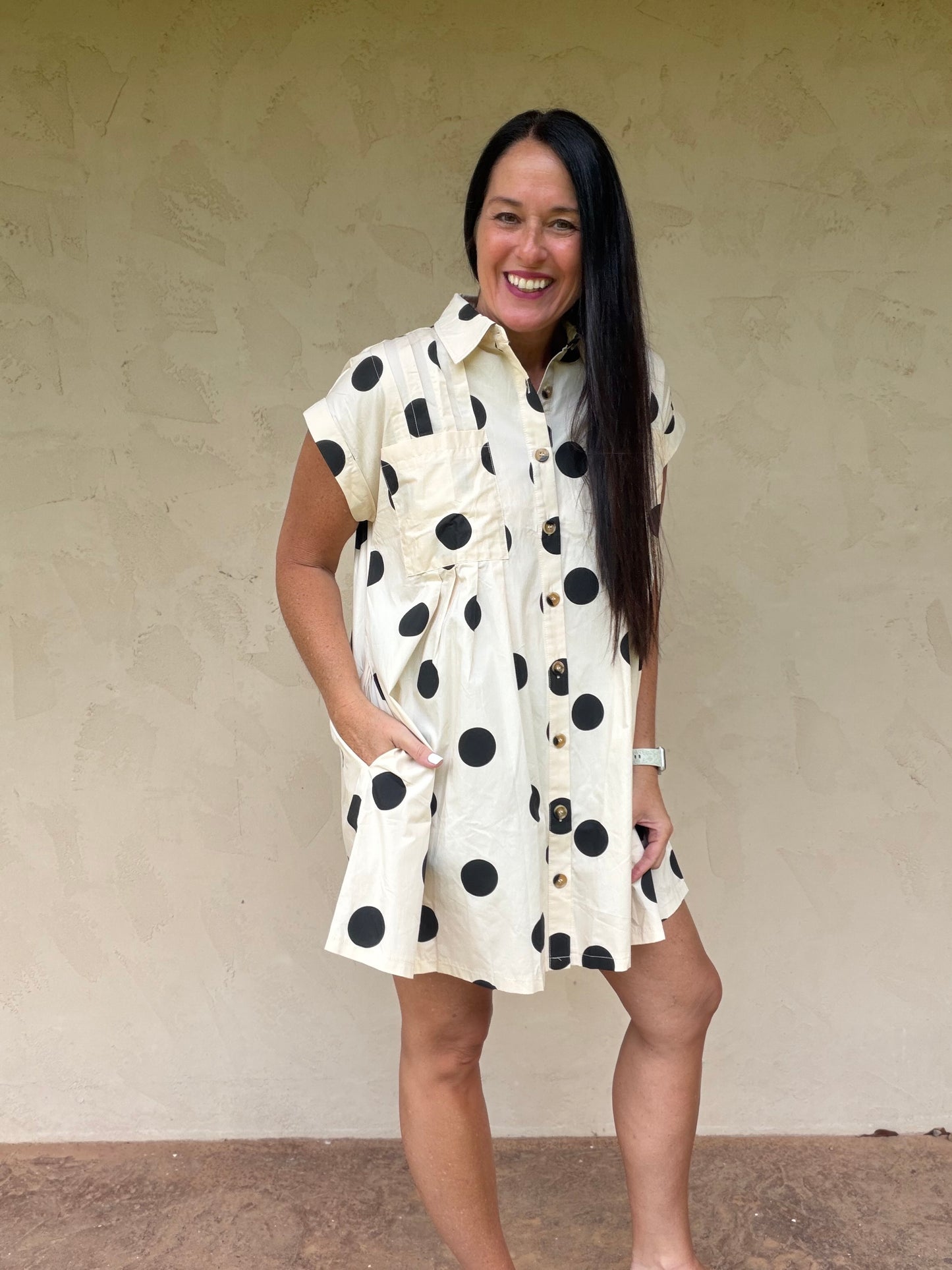 Polka Dot Button Down Pleated Dress, Black