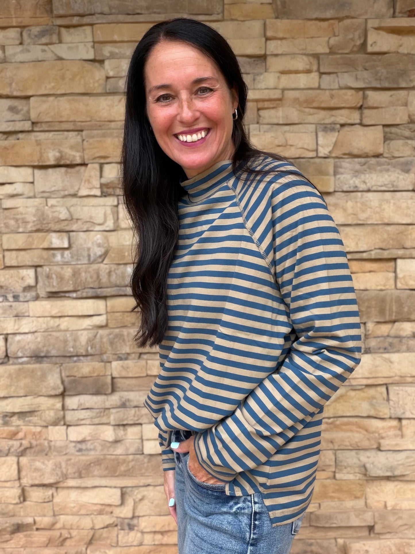 Mock Neck Striped Top, Tan
