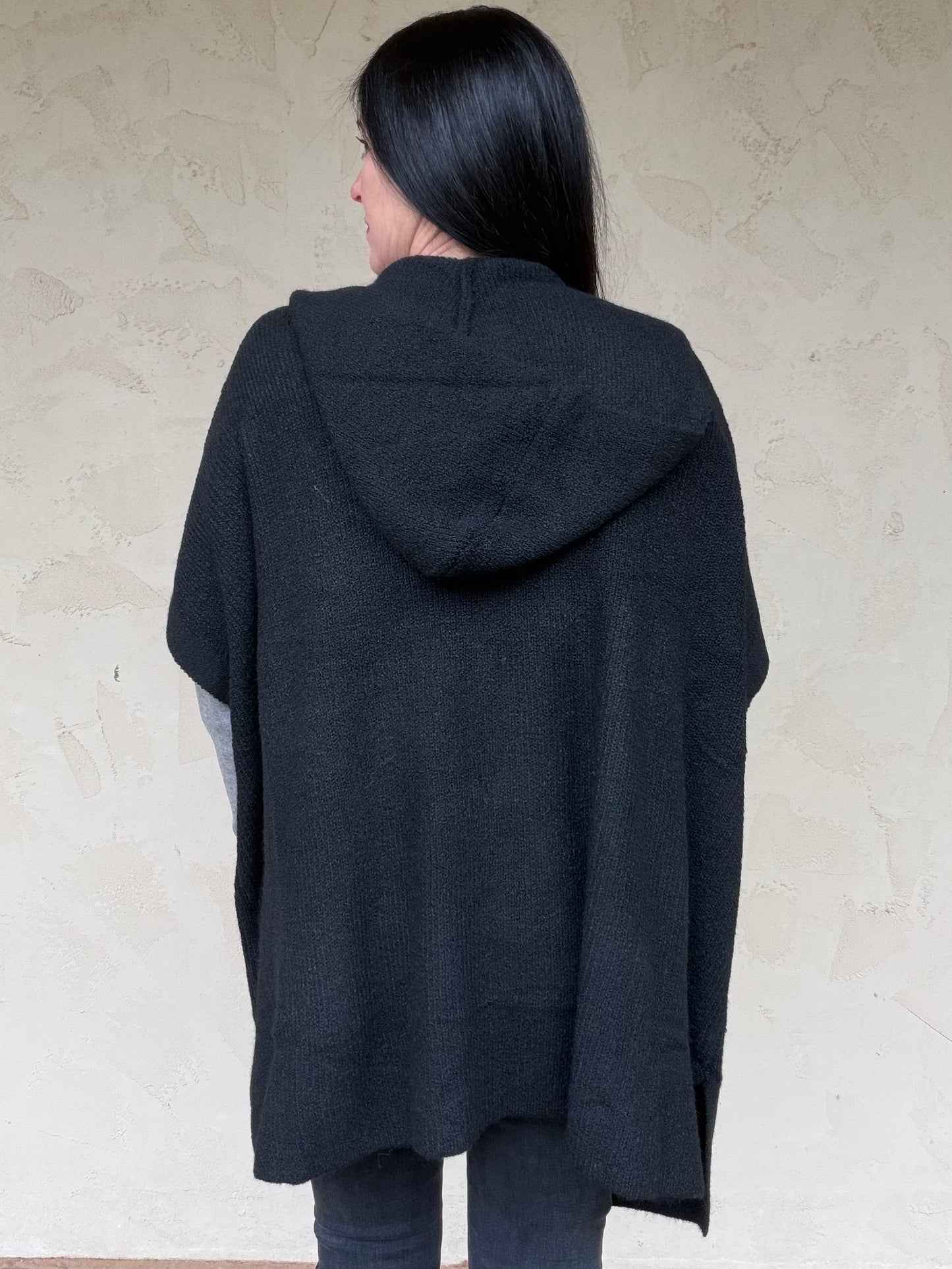 Hem & Thread Hooded Sweater Poncho, Black
