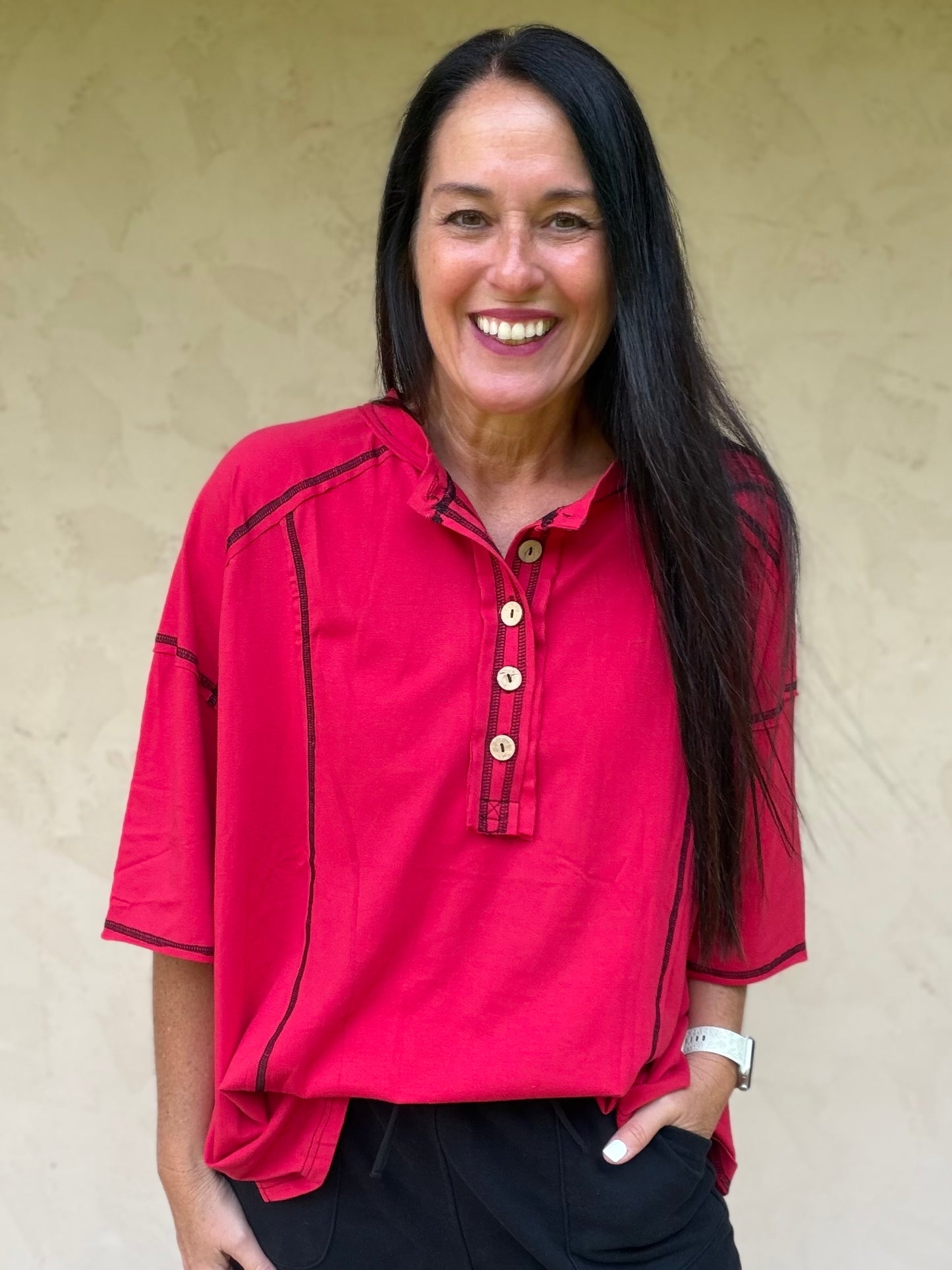 Button Henley Tee, Red