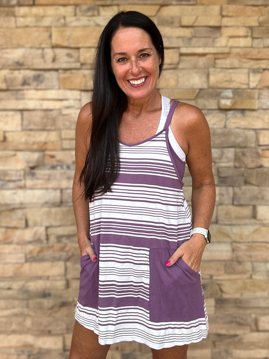 V-Neck Striped Dress, Purple