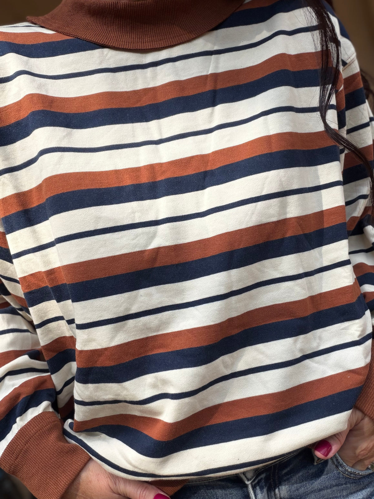 Oversized Striped Sweatshirt, Camel/Navy