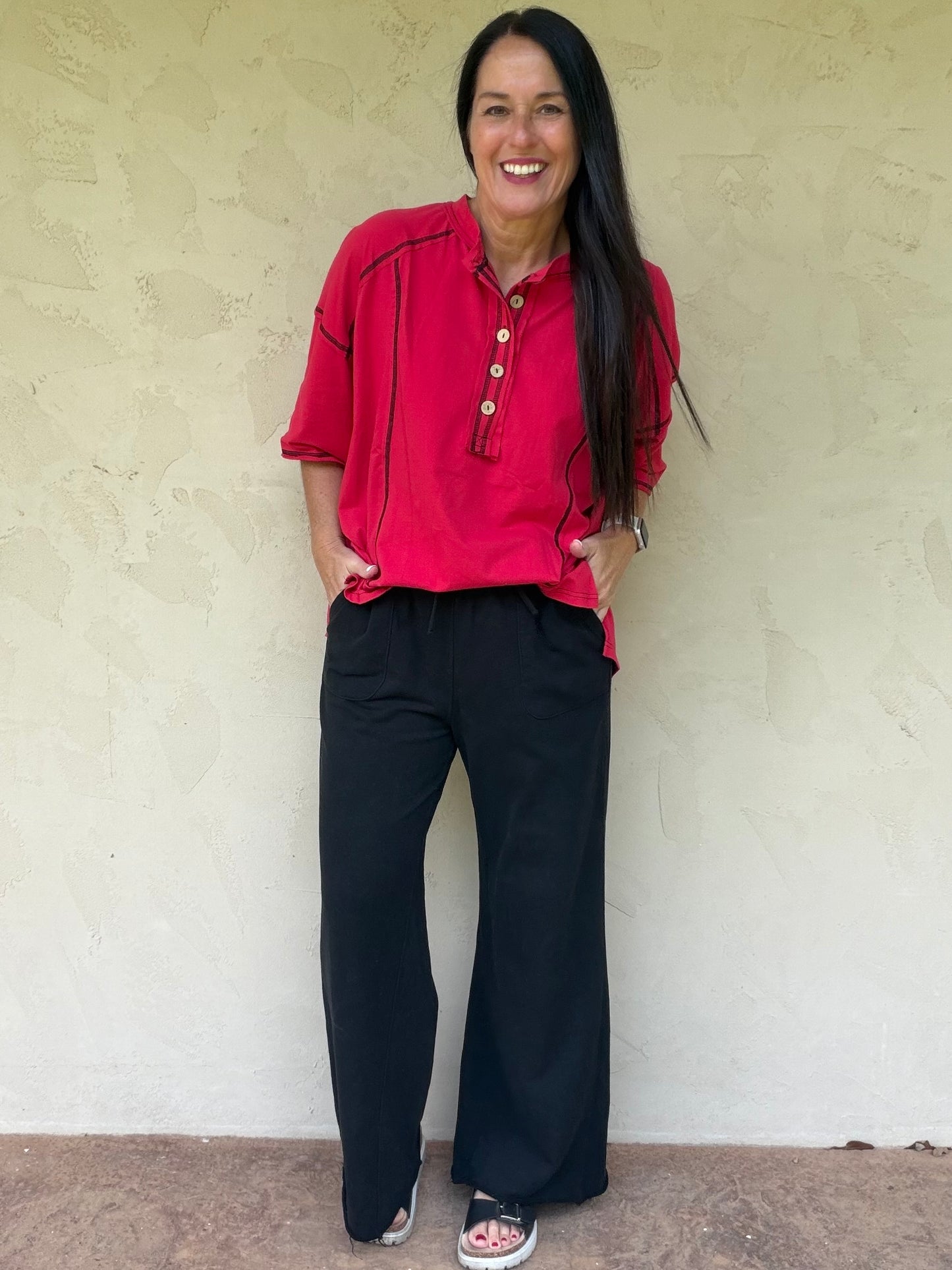 Button Henley Tee, Red