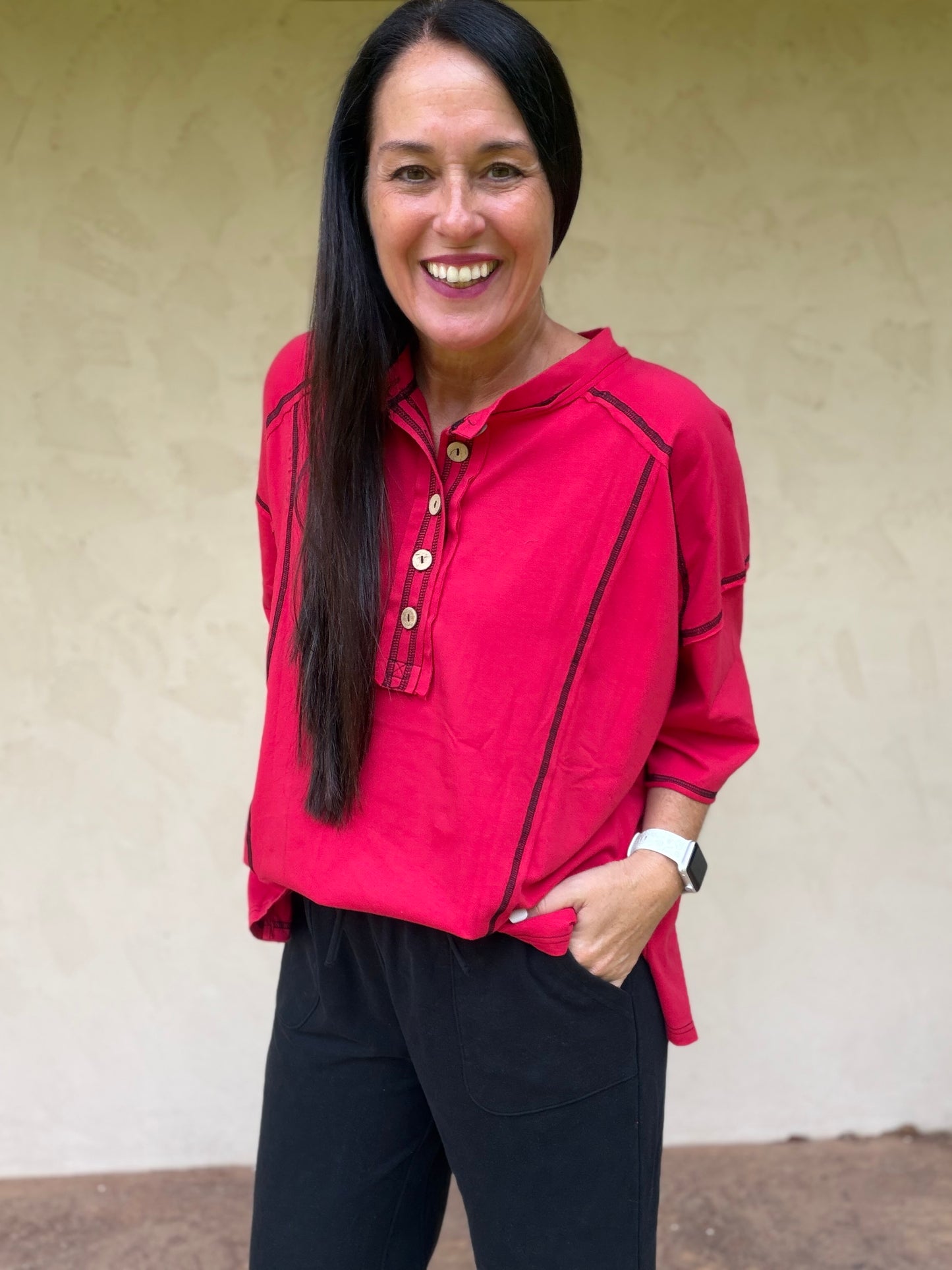 Button Henley Tee, Red