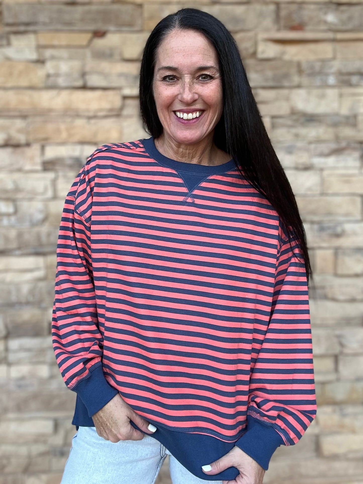 All Stripes Top, Coral/Navy