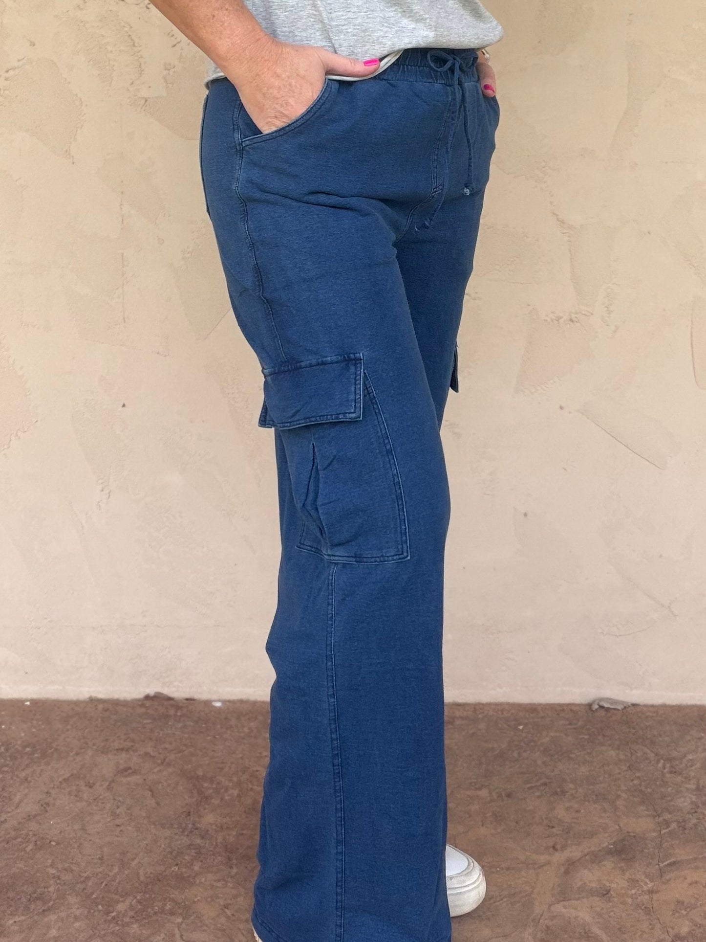Mono B Mineral Wash Wide Leg Cargo Pants, Denim Blue