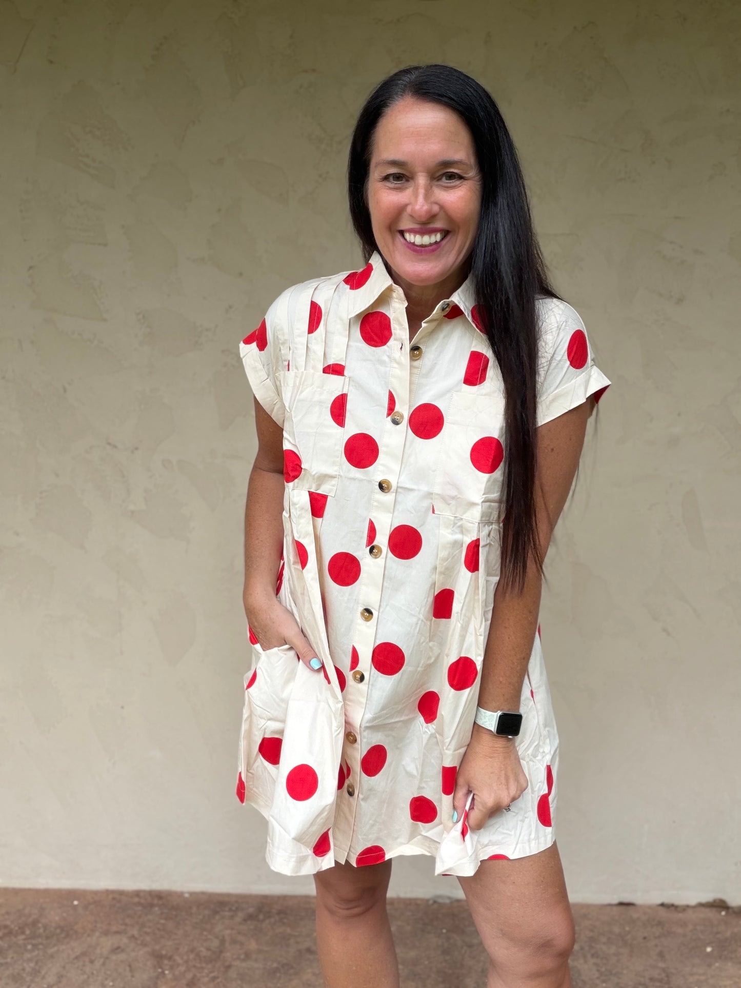 Polka Dot Button Down Pleated Dress, Red