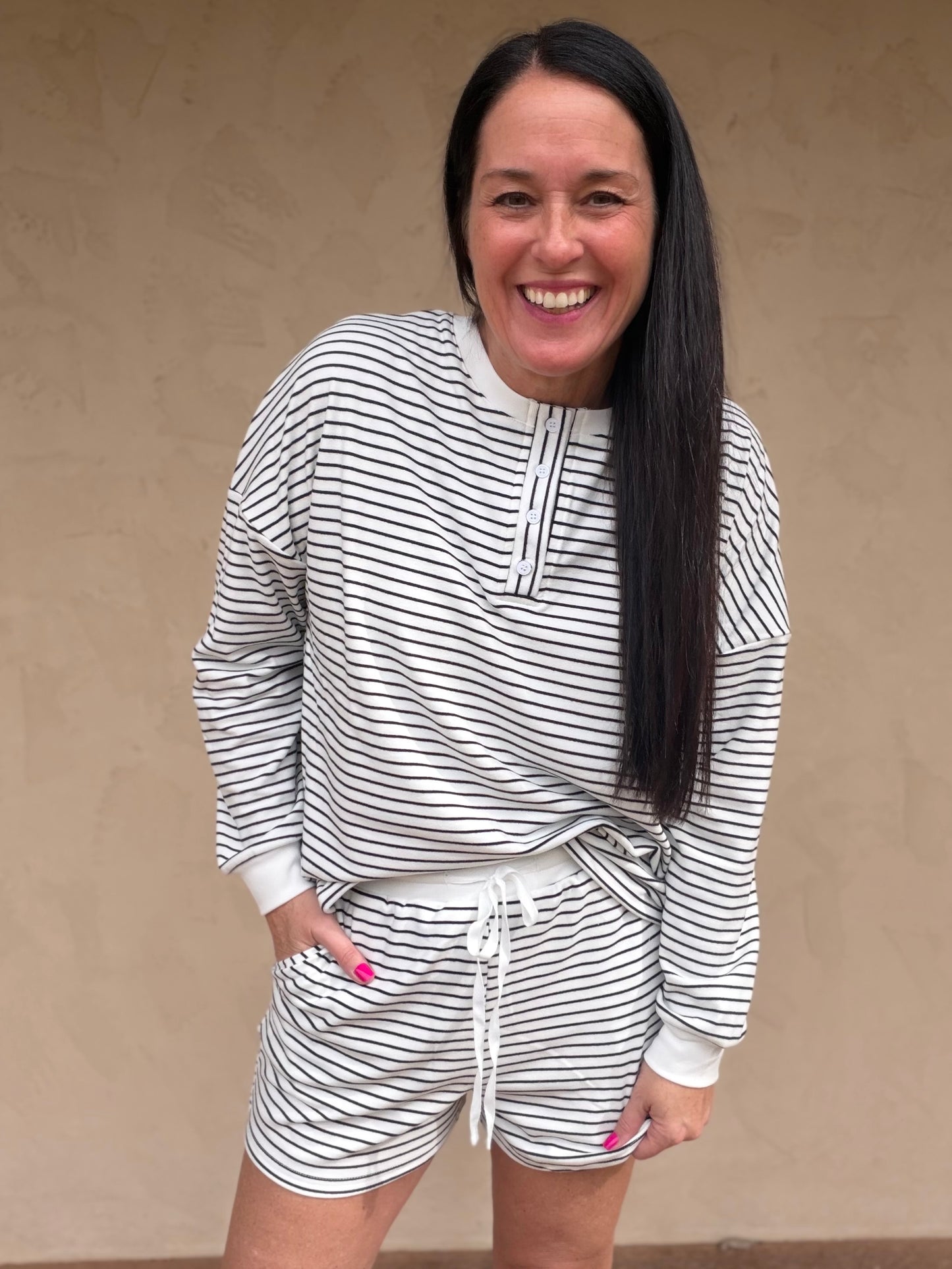 Pin Stripe Pullover & Shorts Set, Ivory