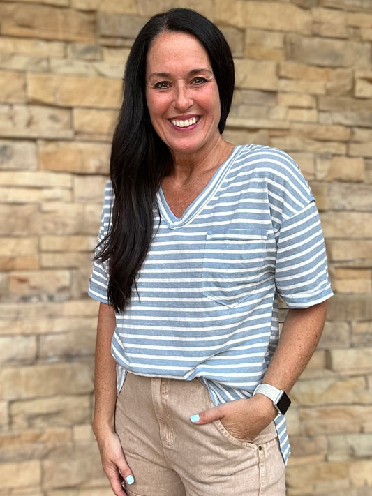 Oversized Stripe Top, Sky Blue