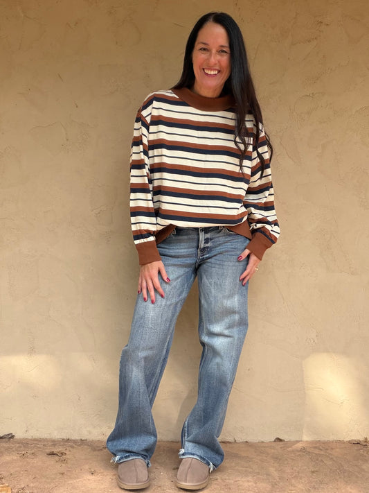 Oversized Striped Sweatshirt, Camel/Navy