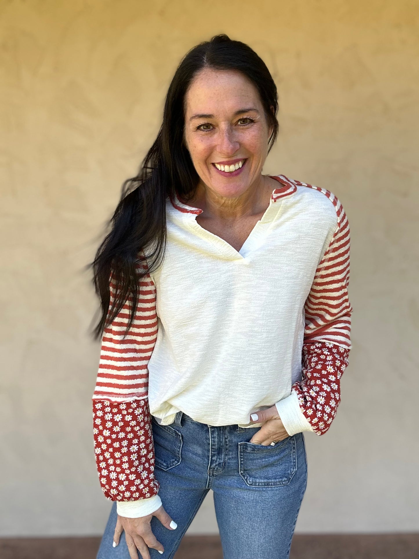 Floral Sleeve Top, Cream