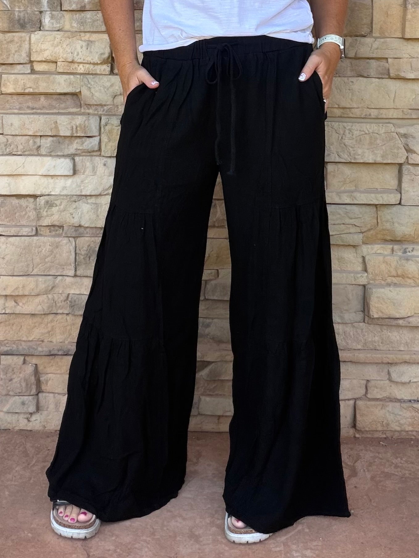 Linen Blend Palazzo Pants, Black