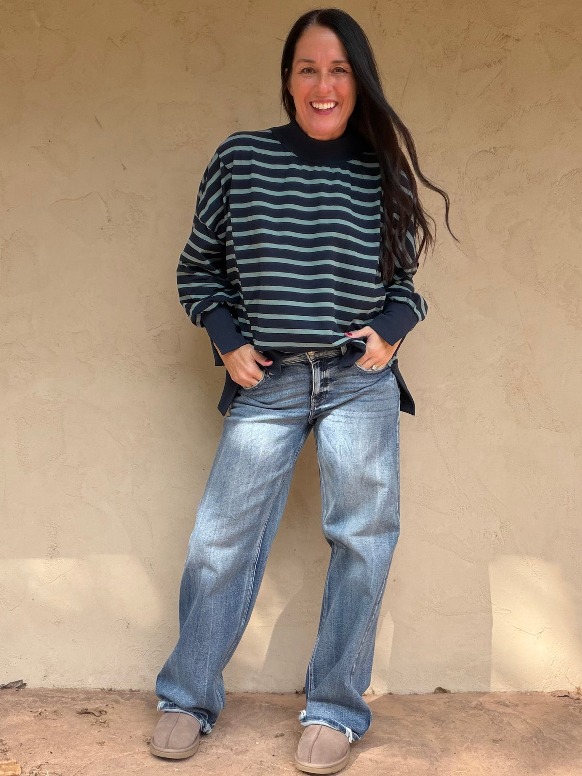 Striped Mock Neck Sweatshirt, Navy/Sage