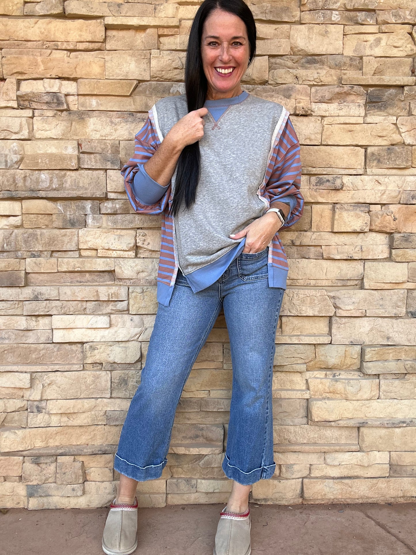 Grey Contrast Stripe Top