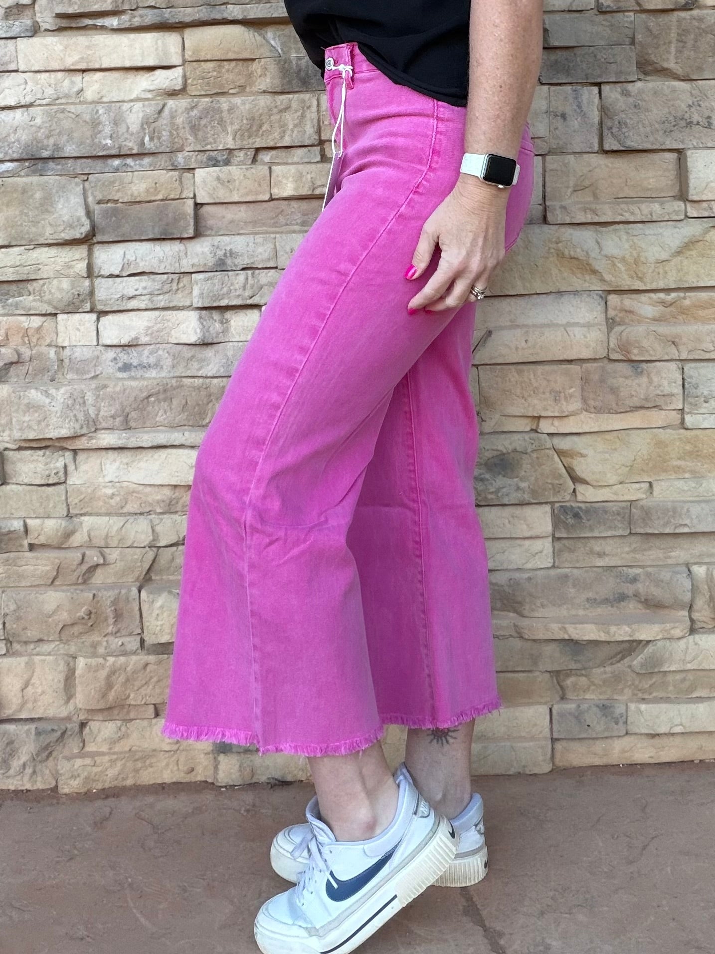 Zenana Acid Washed Frayed Hem Pants, Hot Pink