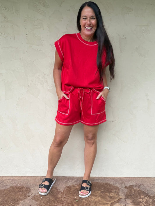 Scuba Contrast Stitch Lounge Set, Red