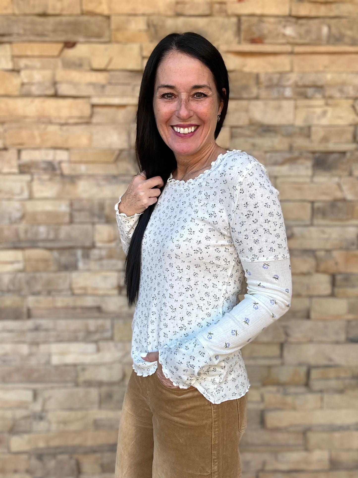 Blue Floral Lettuce Hem Top