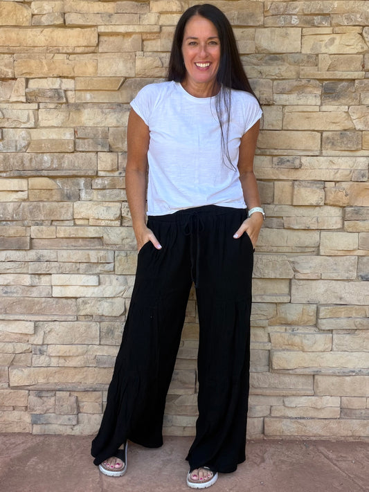 Linen Blend Palazzo Pants, Black
