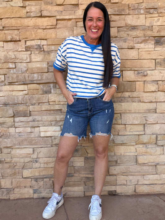 Terry Striped Tee, White/Blue