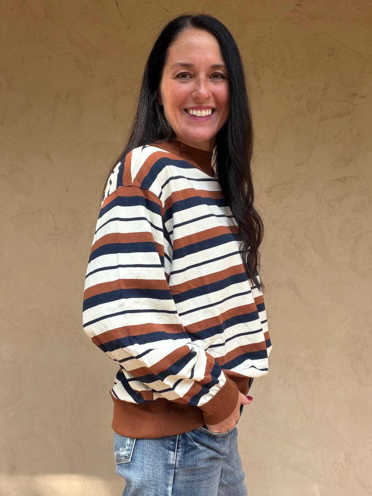 Oversized Striped Sweatshirt, Camel/Navy