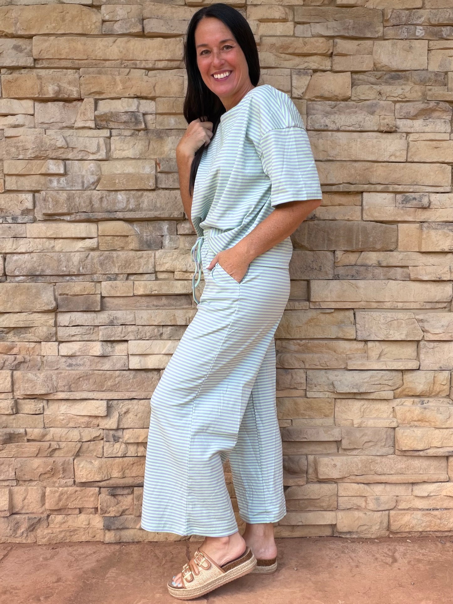 Striped Top and Pant Set, Mint/Lilac