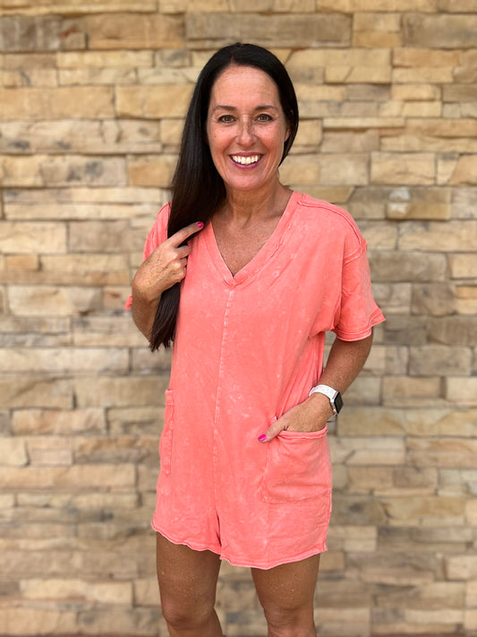 Mineral Washed Oversized V-Neck Romper, Coral