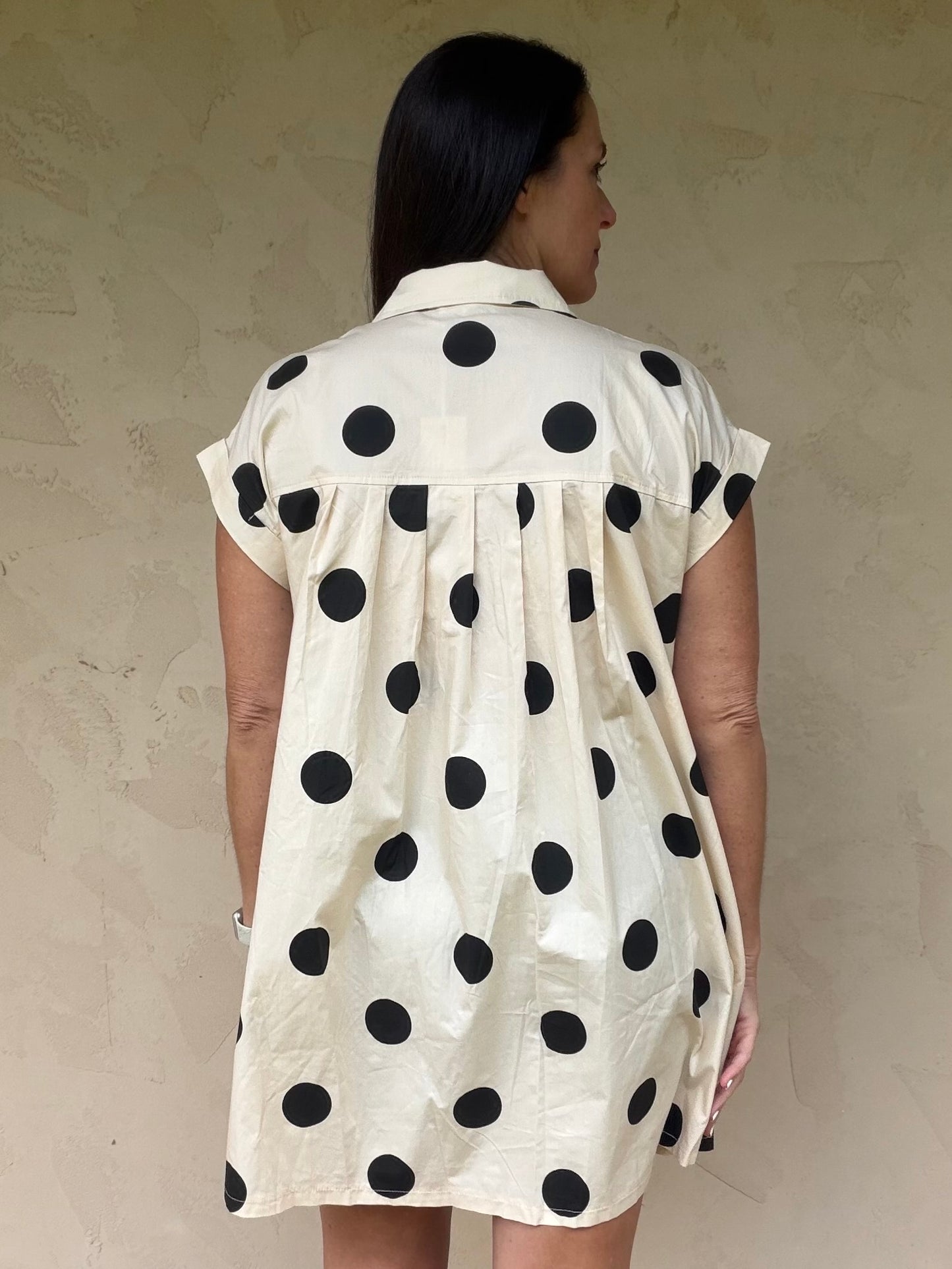 Polka Dot Button Down Pleated Dress, Black