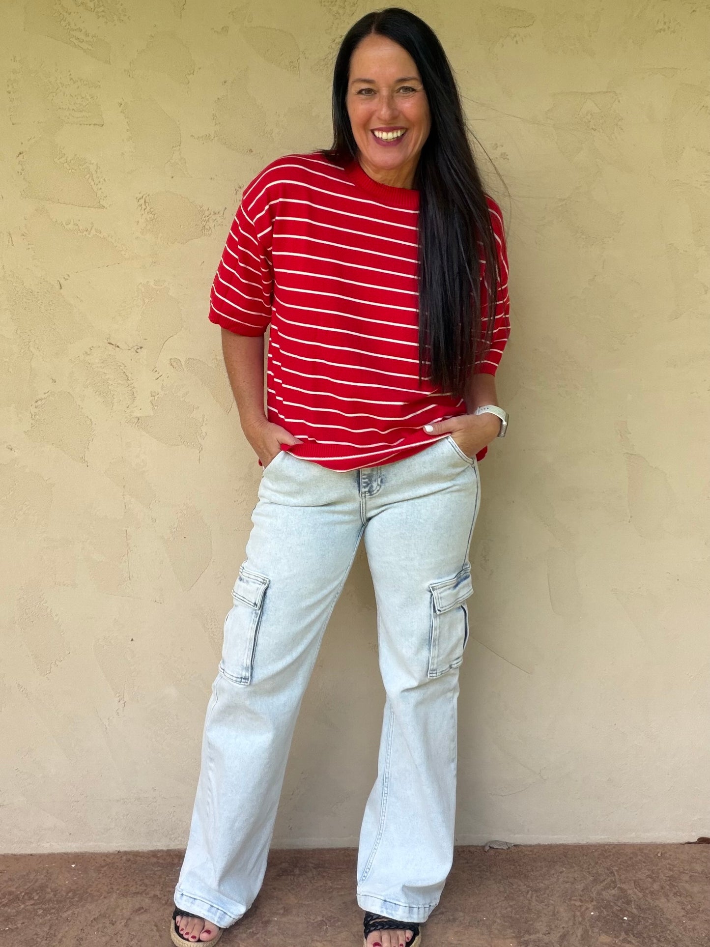 Striped Knit Short Sleeve Top, Red
