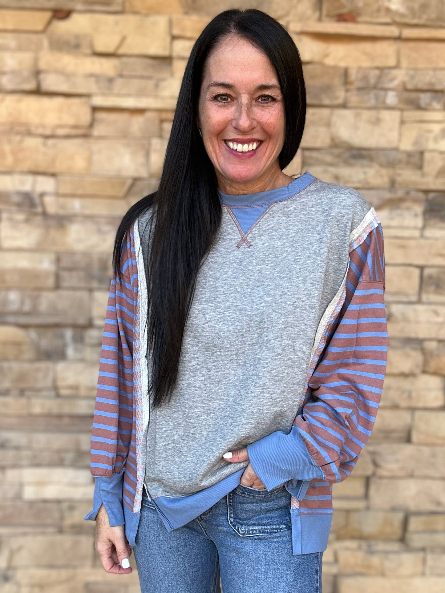 Grey Contrast Stripe Top