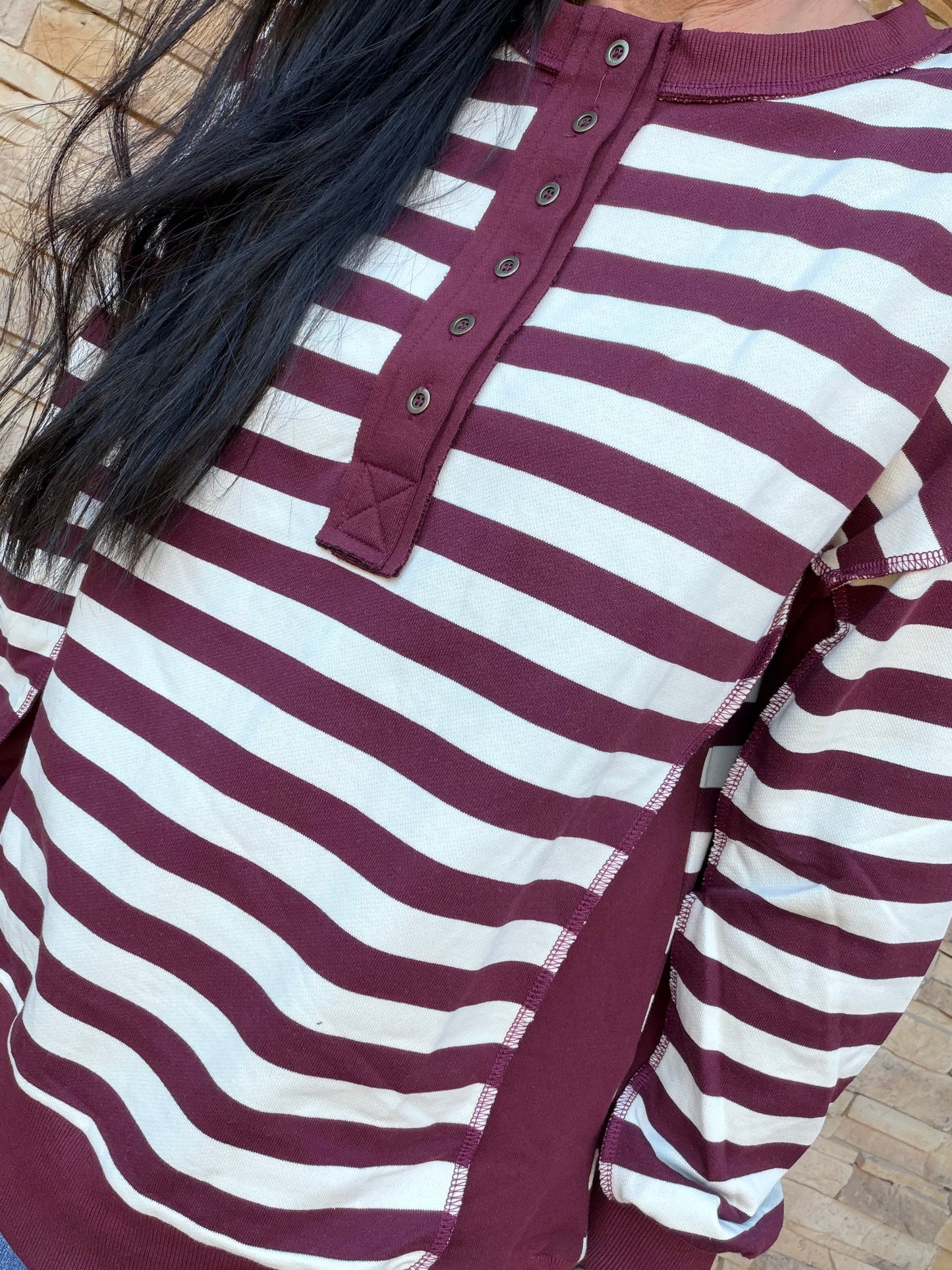 Striped Half Button Top, Burgundy