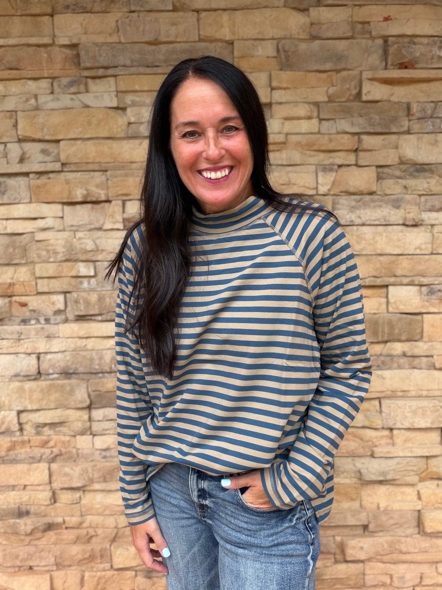Mock Neck Striped Top, Tan
