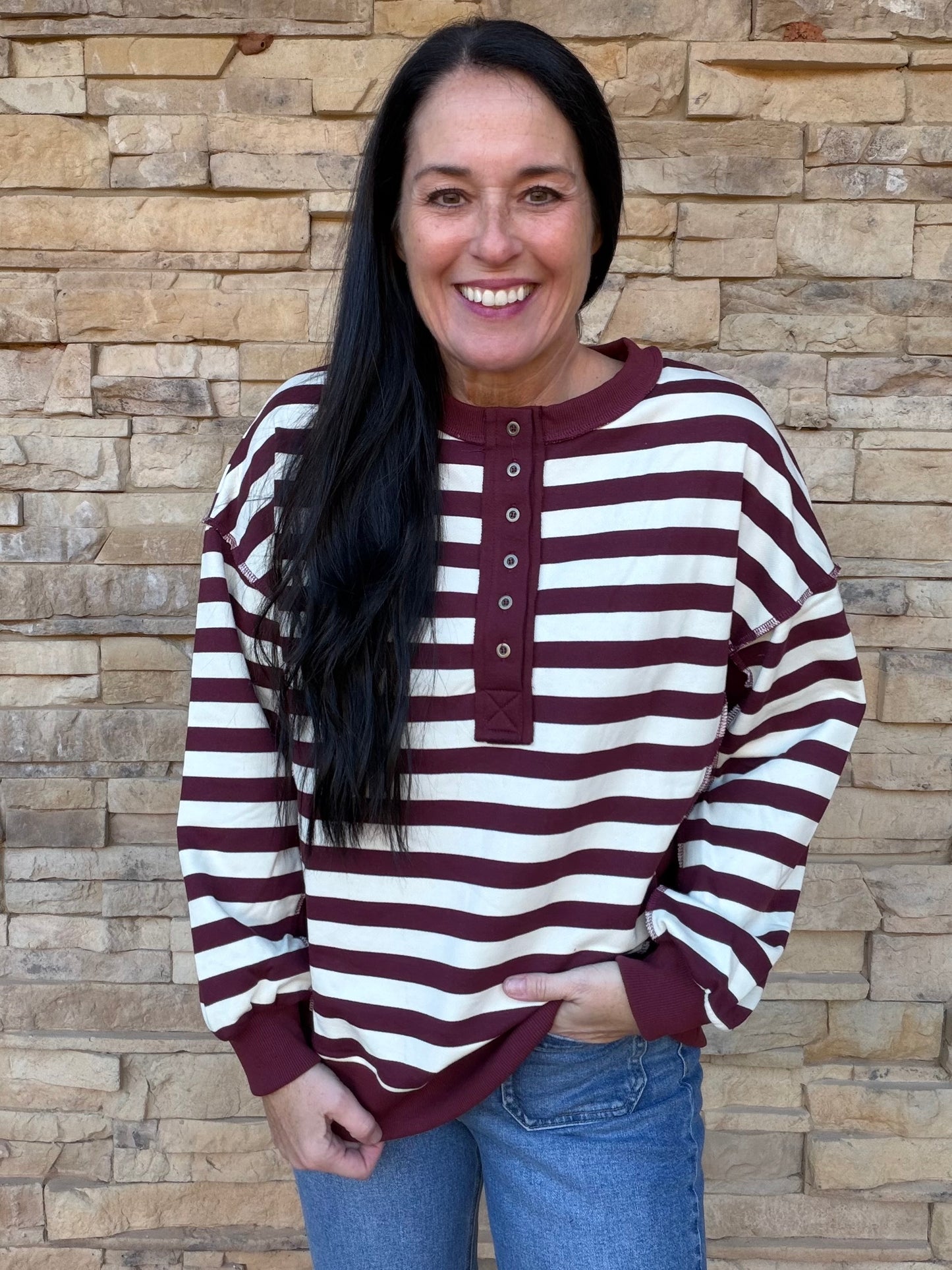 Striped Half Button Top, Burgundy