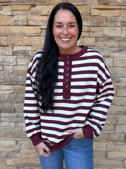 Striped Half Button Top, Burgundy
