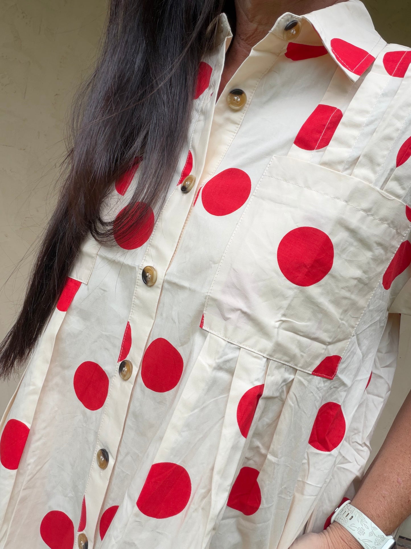 Polka Dot Button Down Pleated Dress, Red