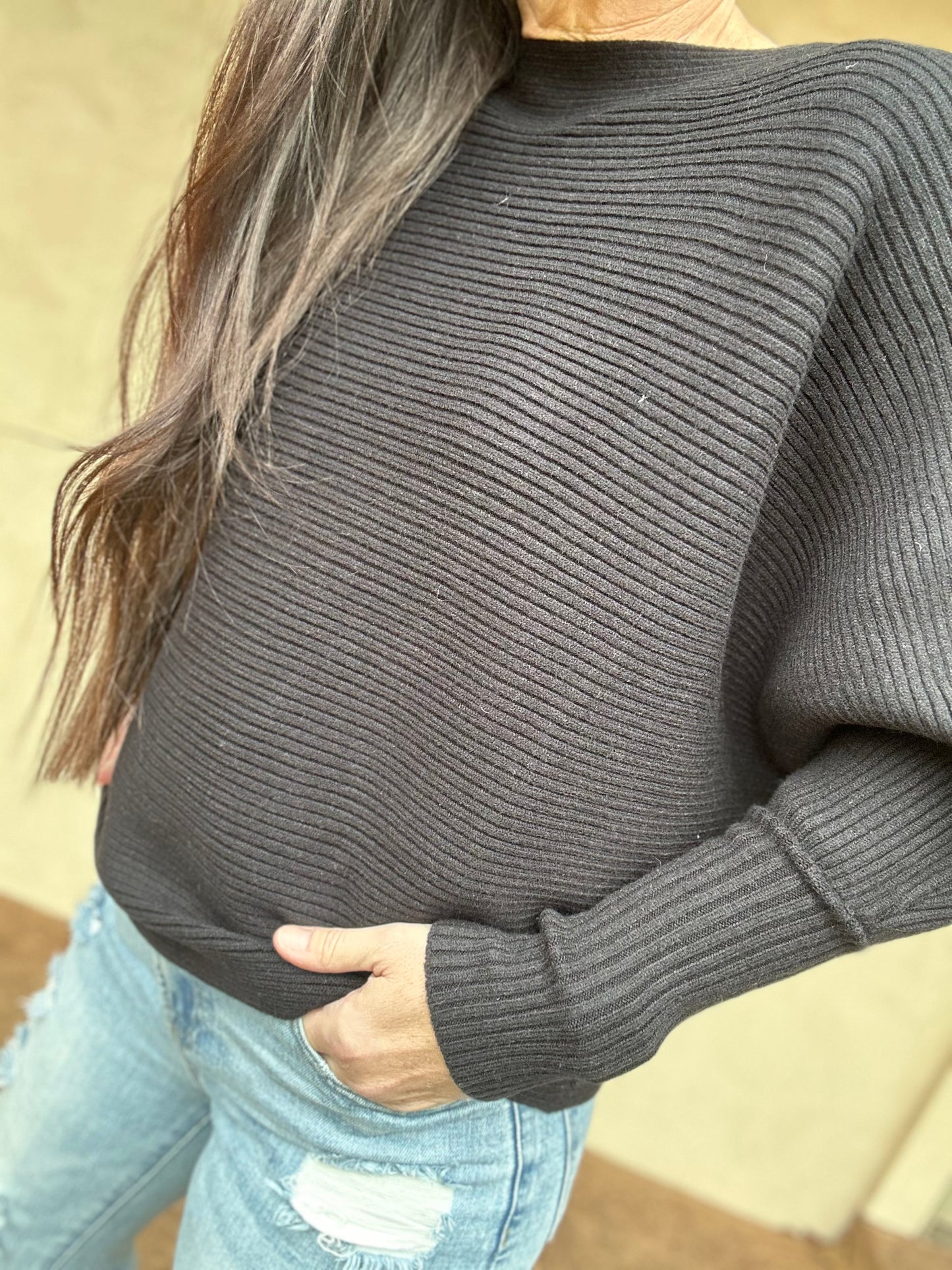 Ribbed Dolman Sweater, Black