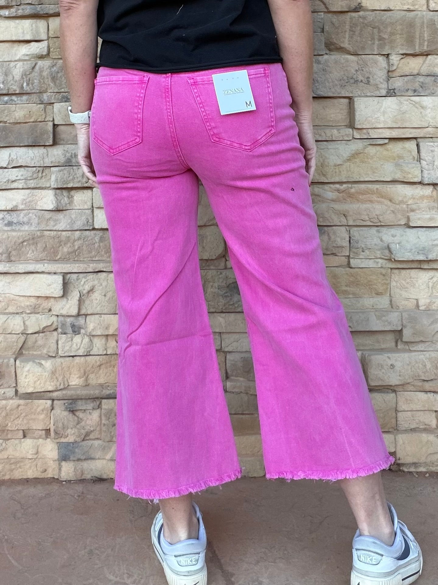 Zenana Acid Washed Frayed Hem Pants, Hot Pink