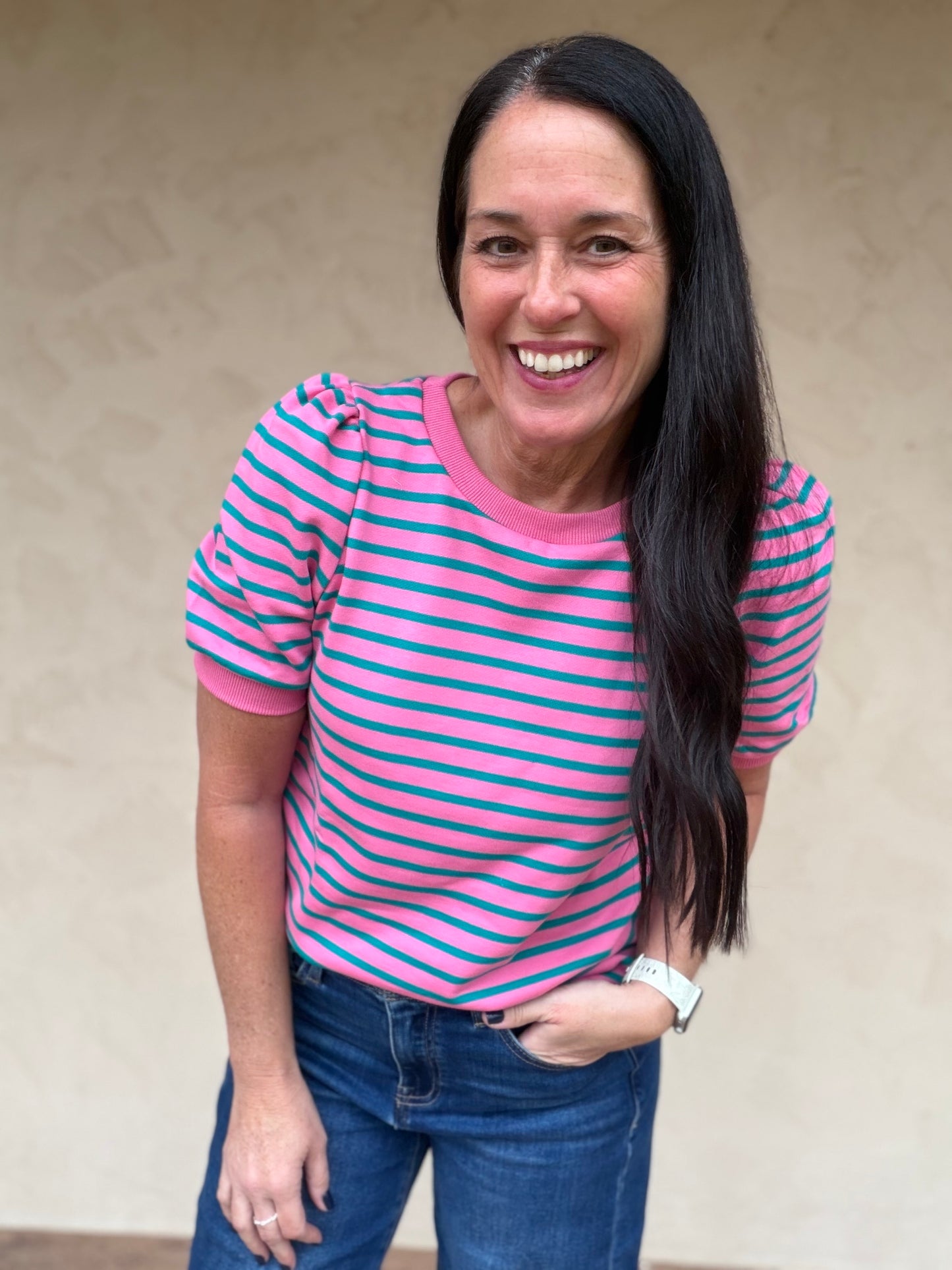 Stripe Puff Sleeve Sweater, Pink
