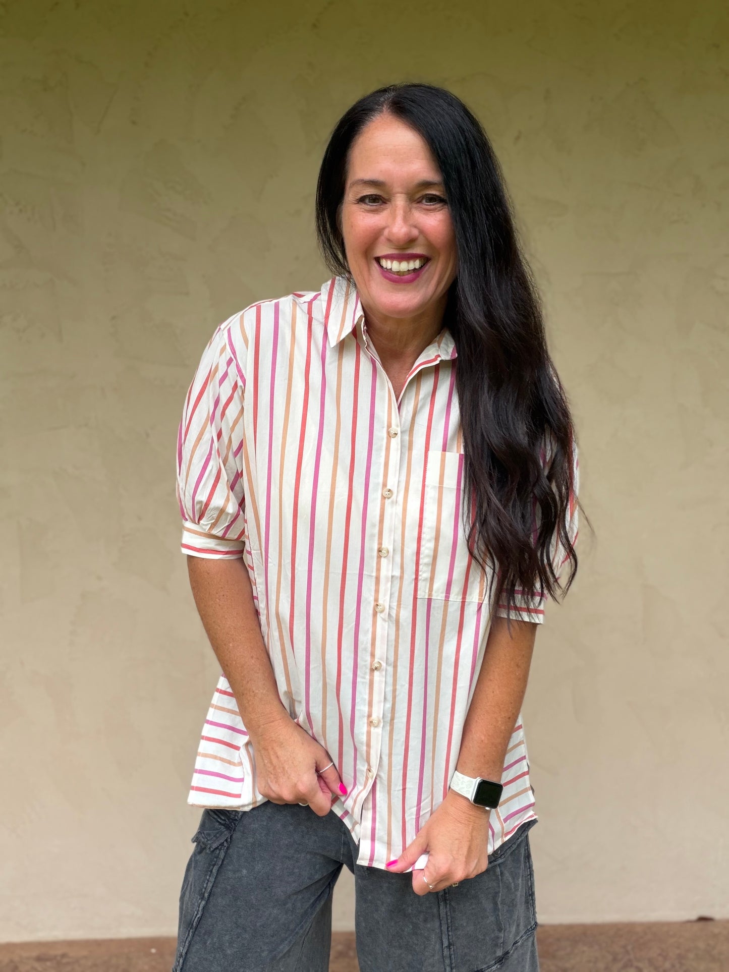 Oversized Striped Button Down Top, Pink