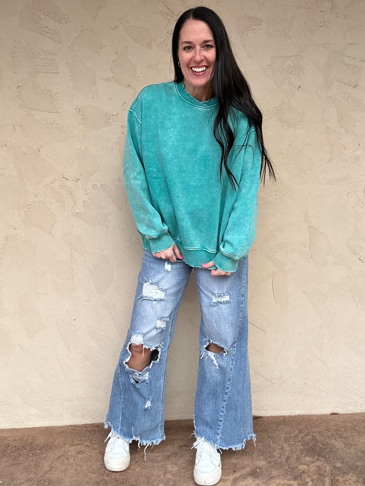 Zenana Acid Washed Oversized Fleece Pullover, Teal