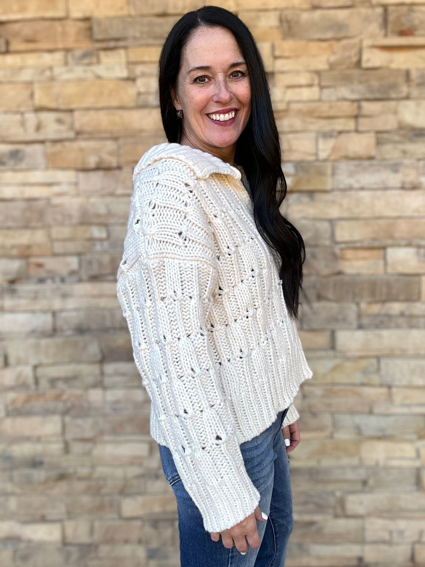 So Me Collared V-Neck Sweater, Cream