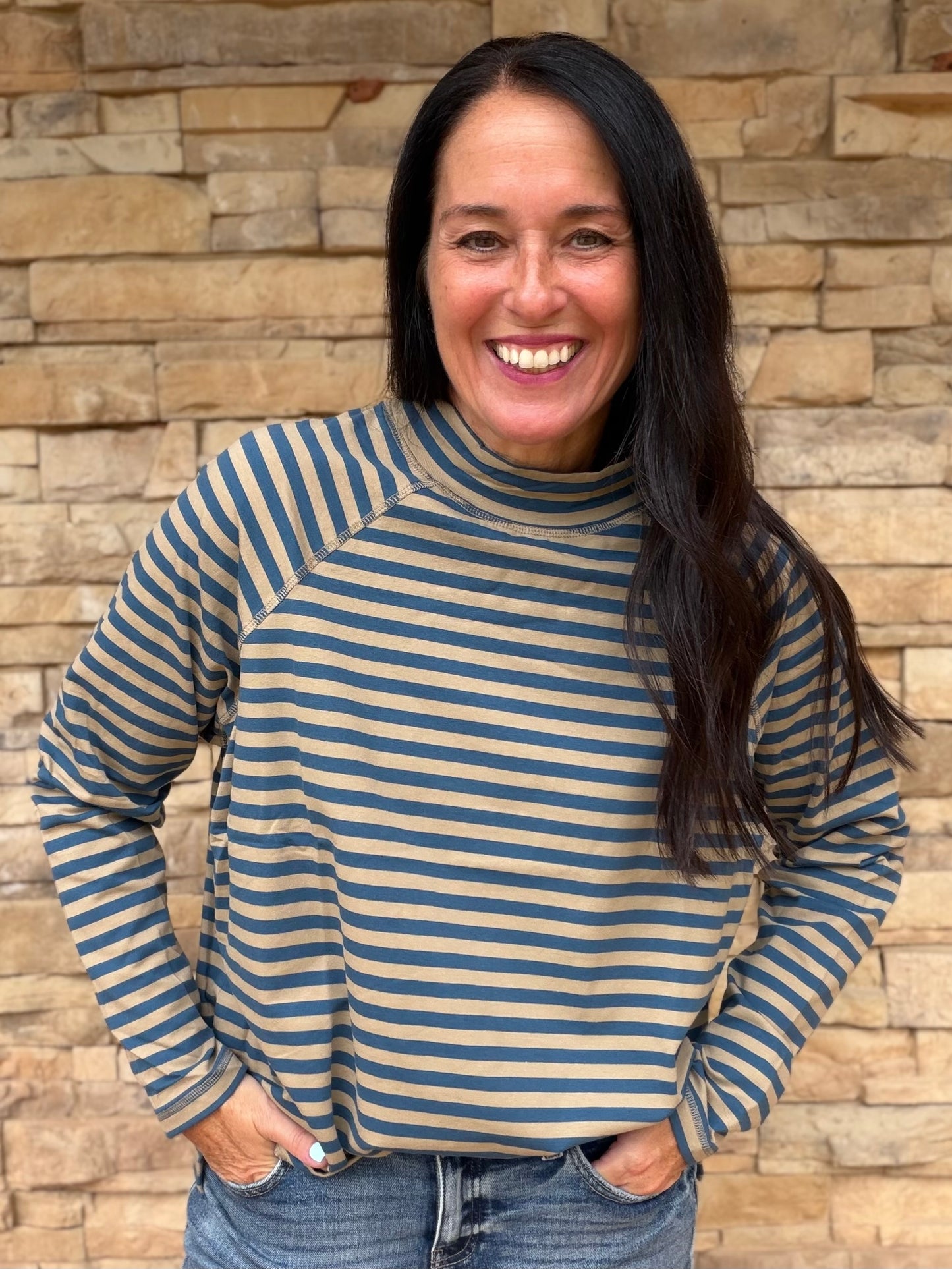 Mock Neck Striped Top, Tan