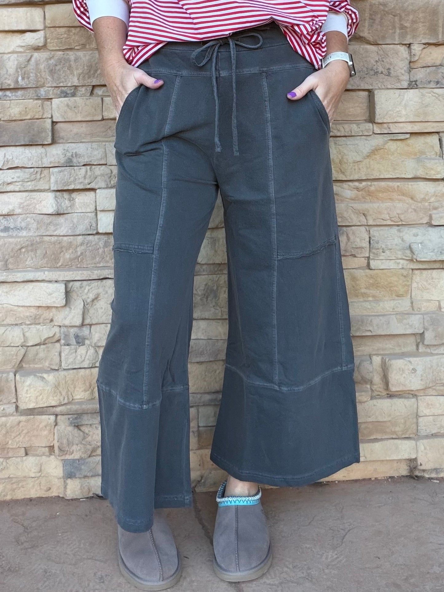 Zenana French Terry Exposed Seam Wide Leg Pants, Black