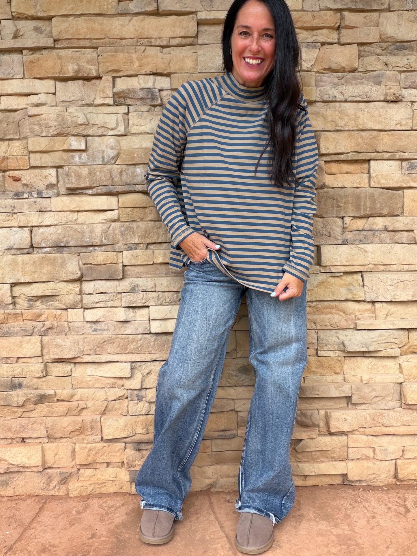 Mock Neck Striped Top, Tan