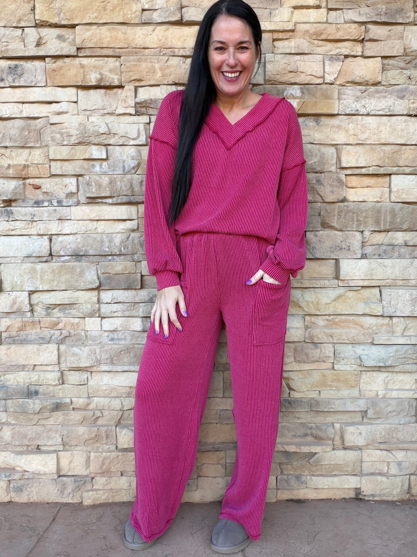 Bibi Ribbed Contrast Stitching Set, Burgundy