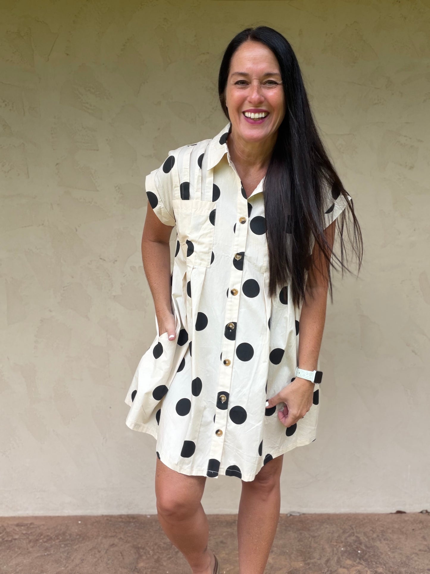 Polka Dot Button Down Pleated Dress, Black