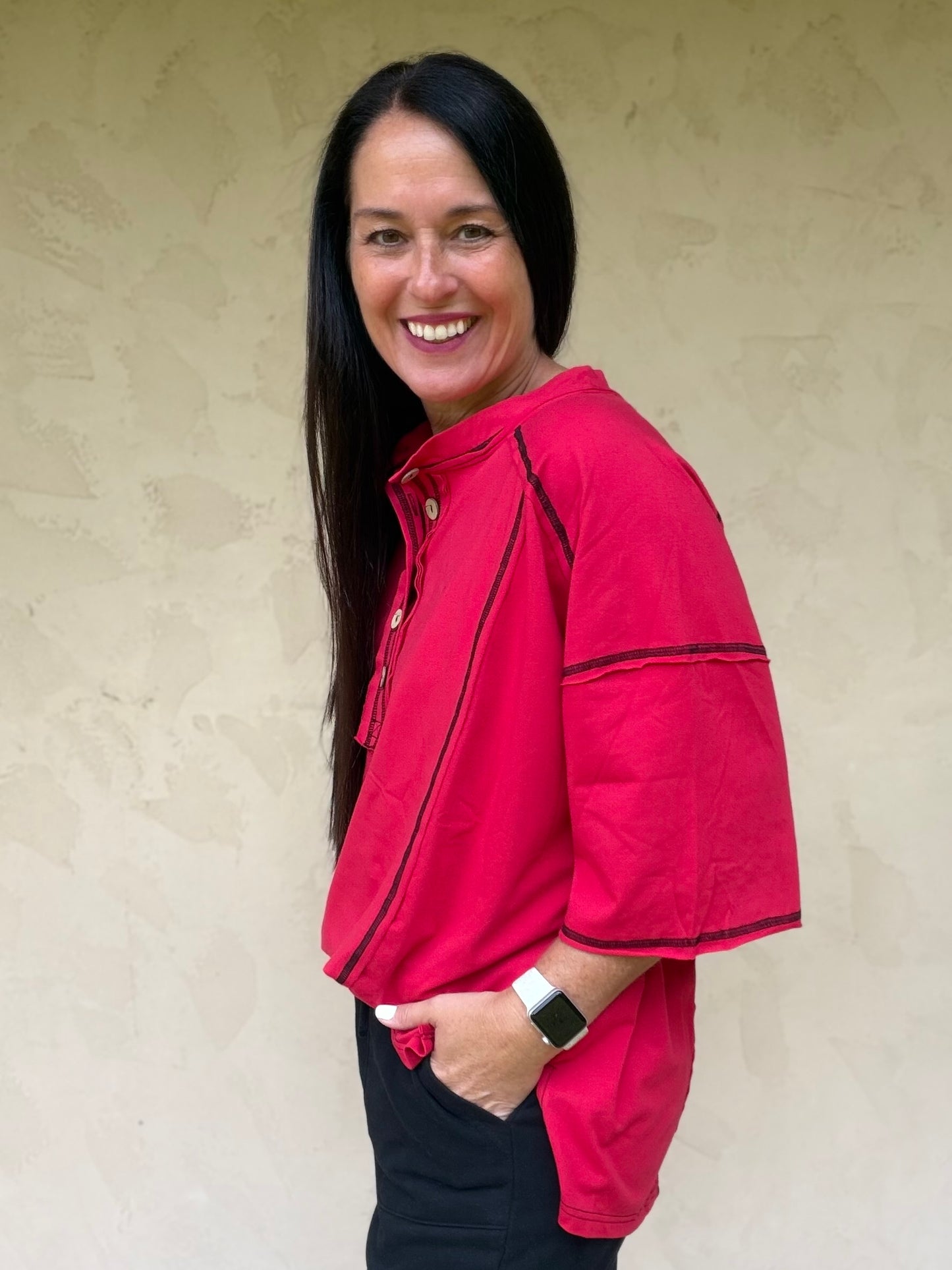 Button Henley Tee, Red