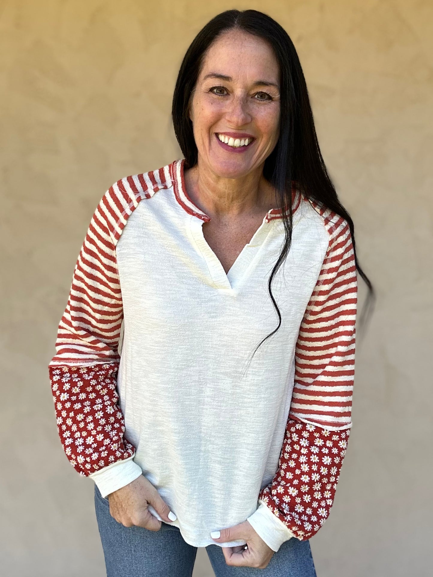 Floral Sleeve Top, Cream